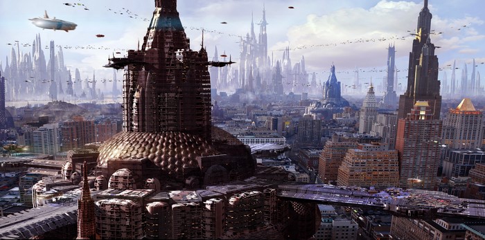 Futuristic city with flying vehicles and towering skyscrapers
