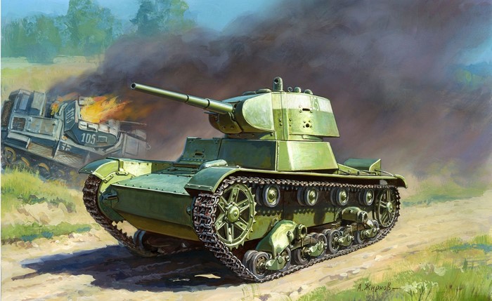 T-26M tank in battle with burning vehicle