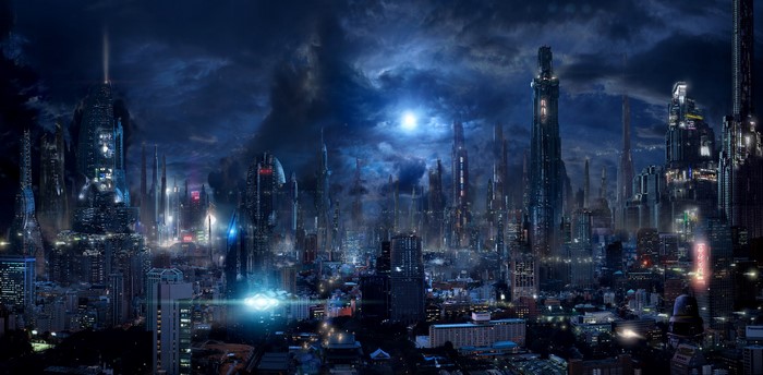 Futuristic city skyline at night