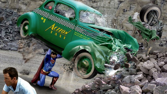 Superman from Heroes comics holding a damaged taxi