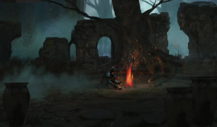 Warrior resting by a bonfire in ancient ruins