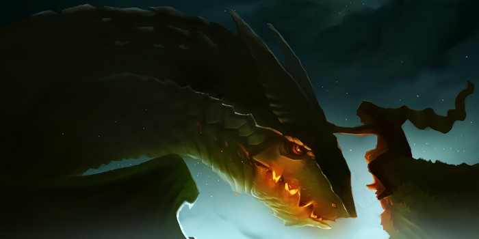 Dragon and a hooded figure on a cliff