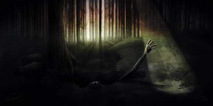 Hand reaching out of dark forest