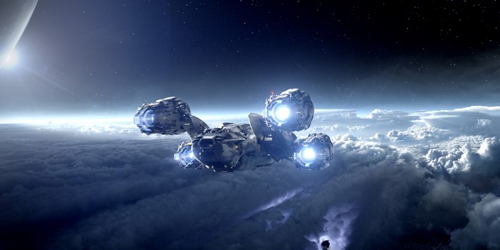 Prometheus ship flying over clouds
