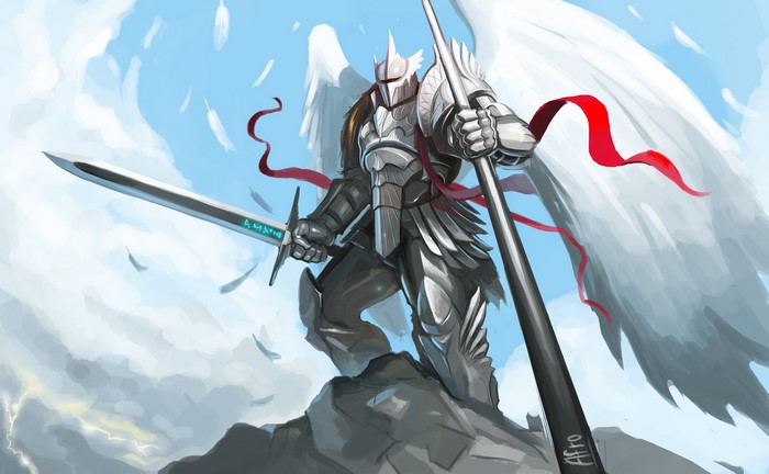 Angel warrior with sword and spear