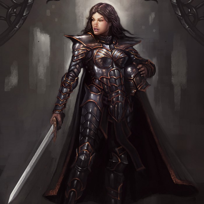 Woman in ornate armor holding a sword and helmet