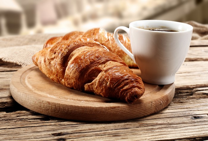 Croissants and coffee on a wooden table