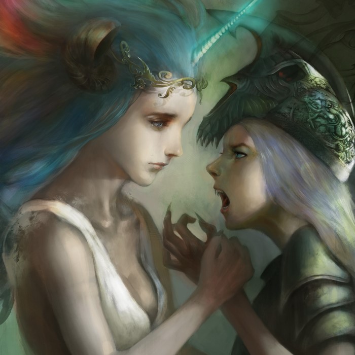 Two supernatural beings confronting each other