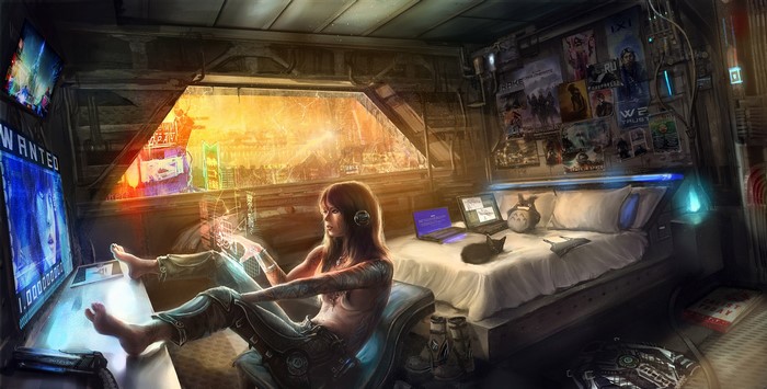 Woman in headphones in a futuristic room