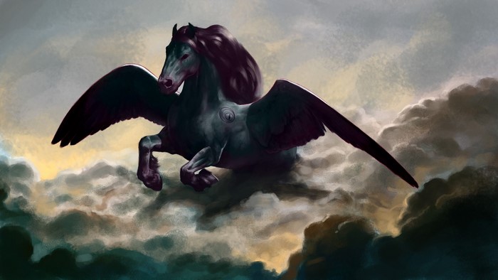 Dark Pegasus flying through clouds