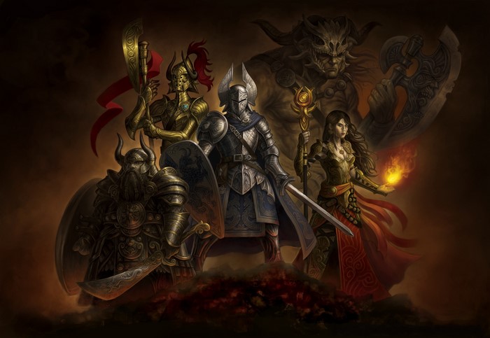 Fantasy warriors and a demon with weapons