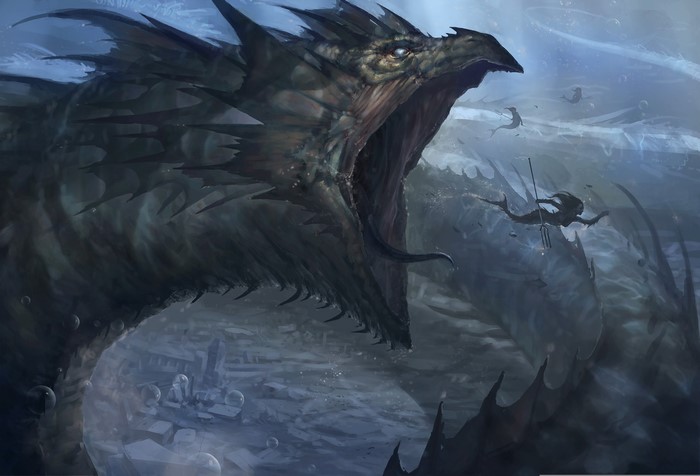 Giant sea monster attacking a mermaid with a trident