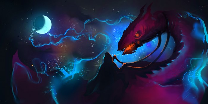 Dragon and Crescent Moon in Night Sky