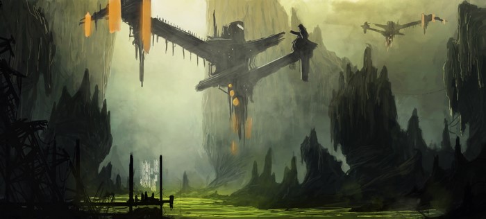 Alien landscape with futuristic aircraft and structures