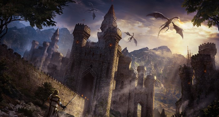 Castle with Dragons and Warrior