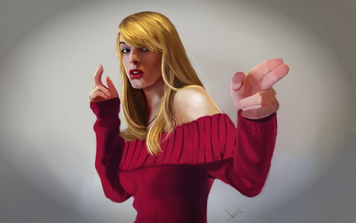 Blonde girl in red off-the-shoulder sweater