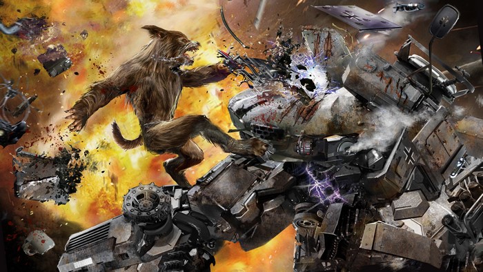 Werewolf fighting a damaged robot