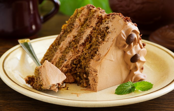 Slice of chocolate cake with frosting and mint
