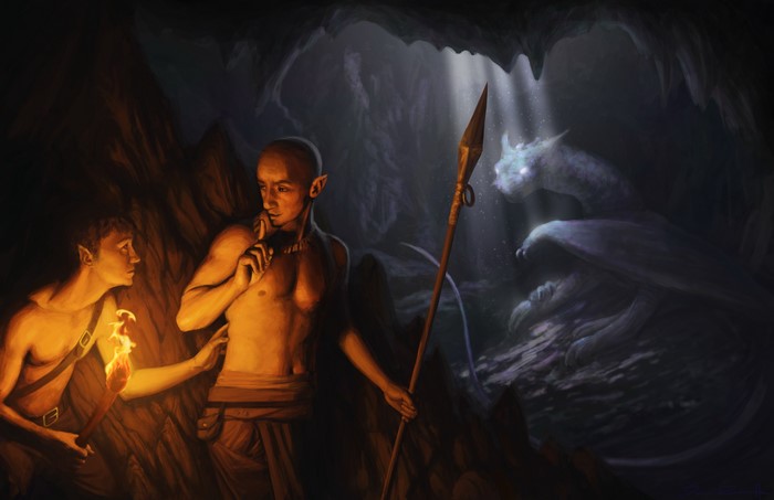 Elves in a cave with a dragon and a torch