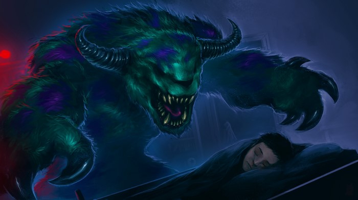 Monster looming over sleeping boy