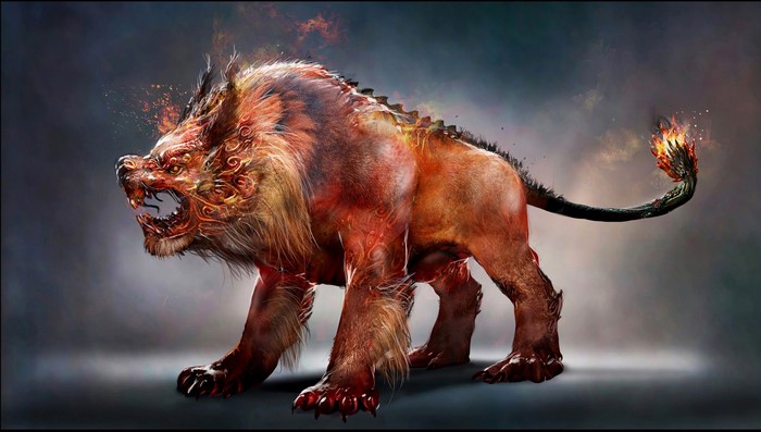 Fiery beast with ornate markings and flaming tail