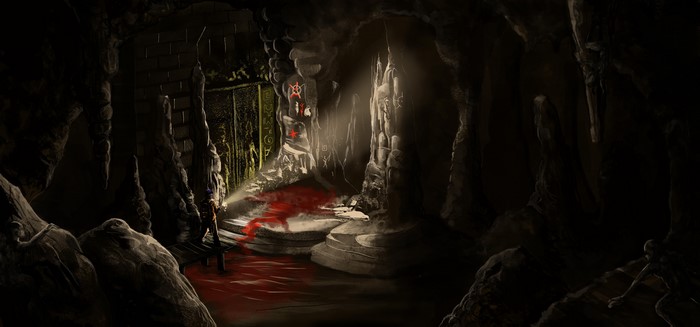 Man with flashlight in a bloody cave