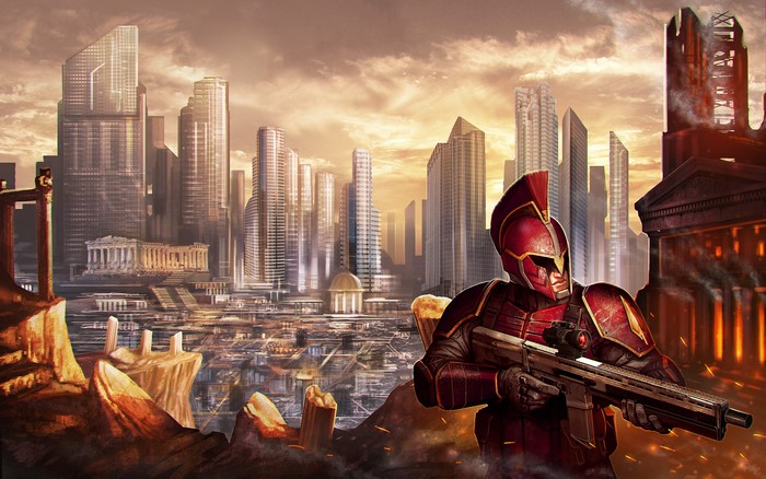 Warrior with Assault Rifle in Futuristic City