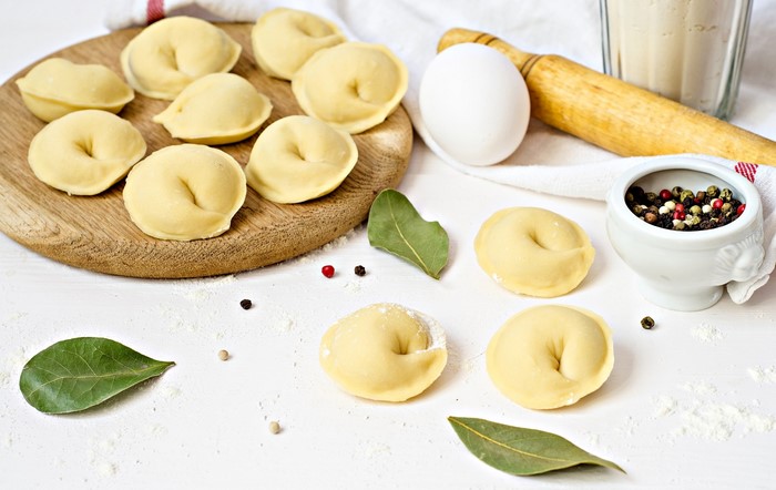 Raw Pelmeni Dumplings with Ingredients