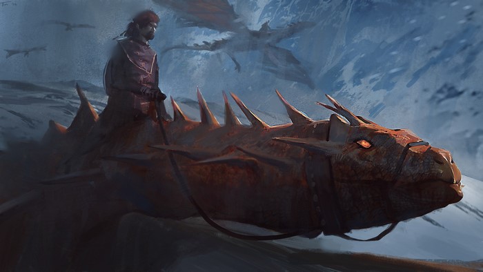 Warrior riding a dragon in a snowy landscape