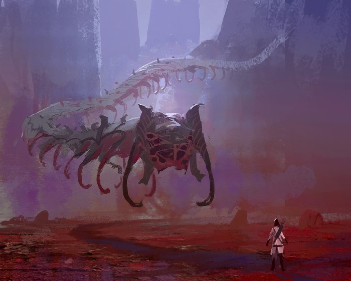 Warrior faces giant centipede monster in alien landscape