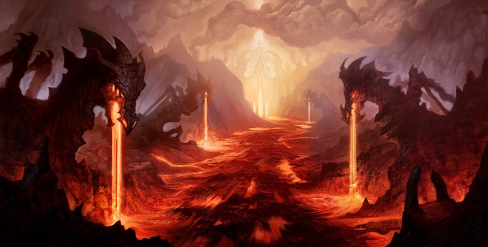 Dragons breathing fire over a lava river
