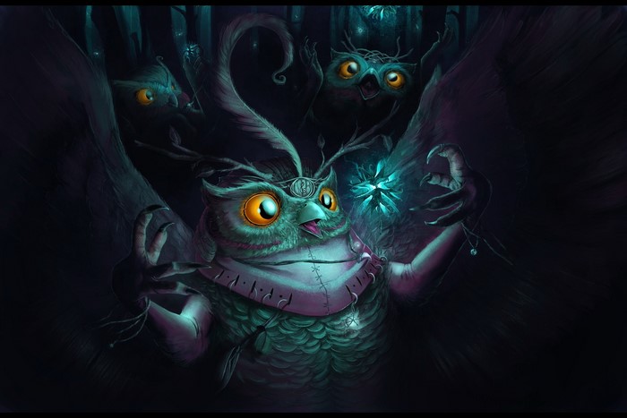 Magical owls in a dark forest