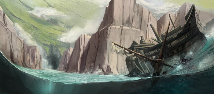 Shipwrecked in a rocky cove with a waterfall