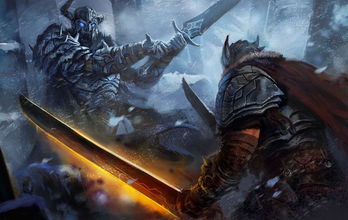 Two warriors in armor fighting with swords in a snowy landscape