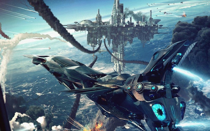 Futuristic space battle with advanced spacecraft and city
