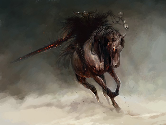 Warrior on a fiery horse with a sword