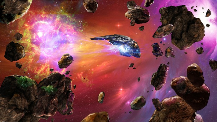 4K Spaceship flying through asteroid field near nebula