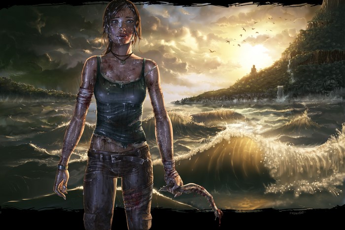Lara Croft from Tomb Raider in the ocean