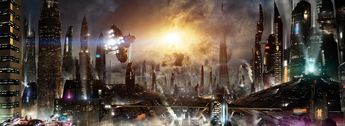 Futuristic city with skyscrapers and flying ships