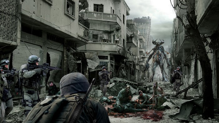 Soldiers fighting a monster in a destroyed city