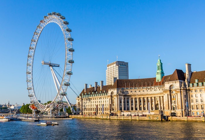 London Eye Ferris Wheel and Buildings by River Thames
