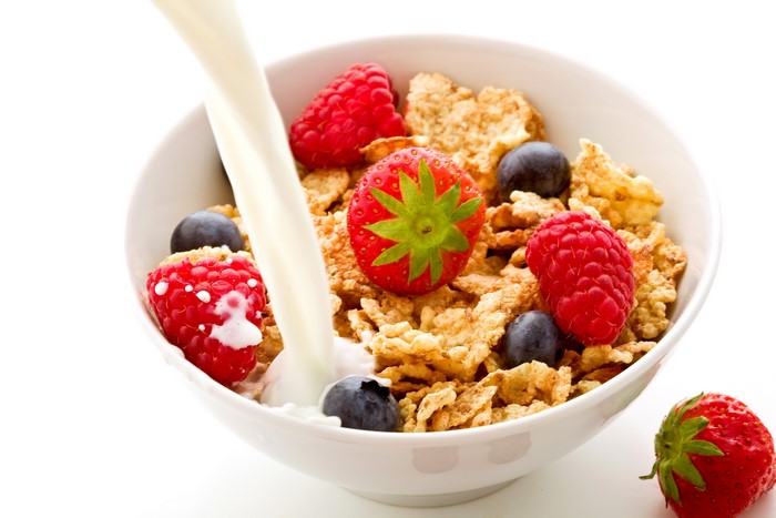 Bowl of Cereal with Milk and Berries