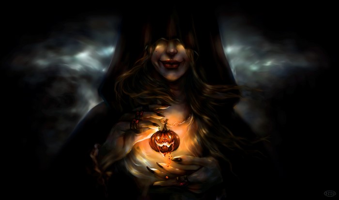 Witch with a glowing pumpkin necklace