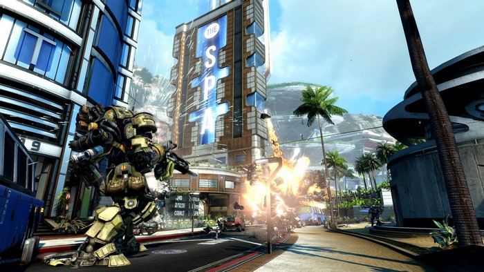 Titanfall mech in urban combat with explosions