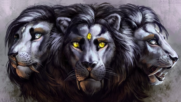 Three-headed lion with magical eyes