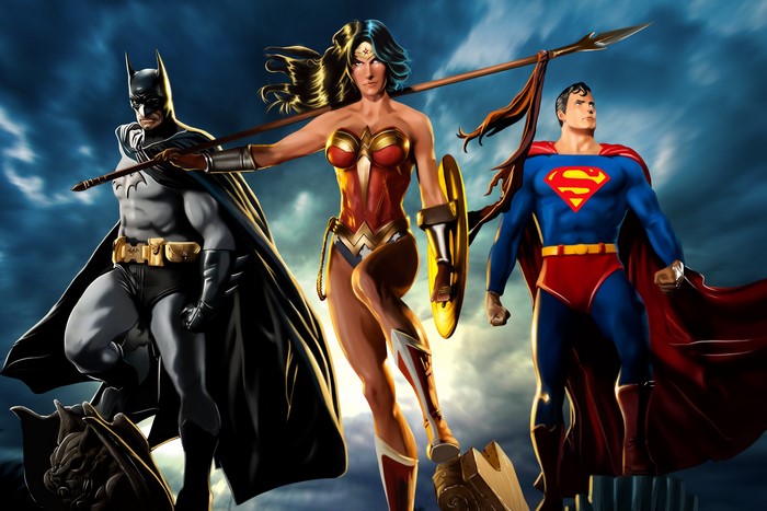 4K Batman, Superman, and Wonder Woman with Spear and Shield