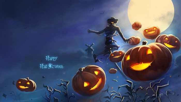 Happy Halloween with a Scarecrow and Pumpkins under the Moon