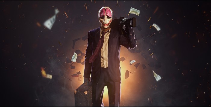 Payday 2 character with mask and gun