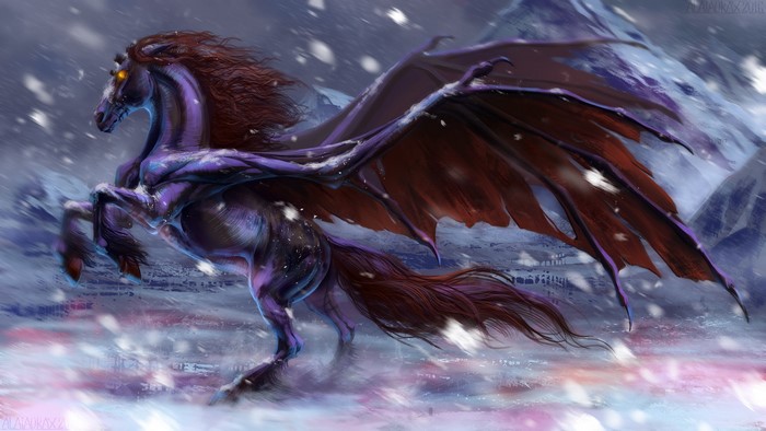 Dark Pegasus with wings in a snowy landscape