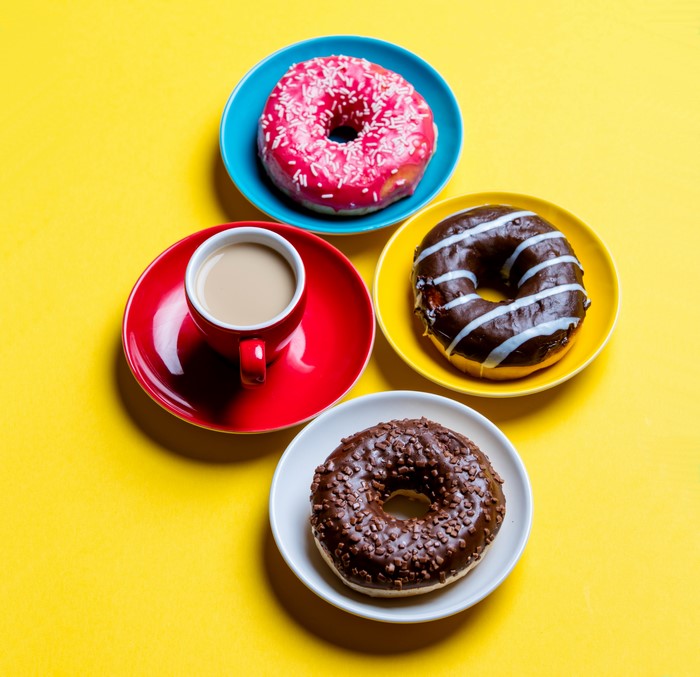 Coffee cup and donuts on colorful plates